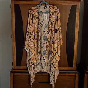 NWT Easel Floral Print Kimono in Gold-Teal-Brown Border Print w/ Shark Bite Hem